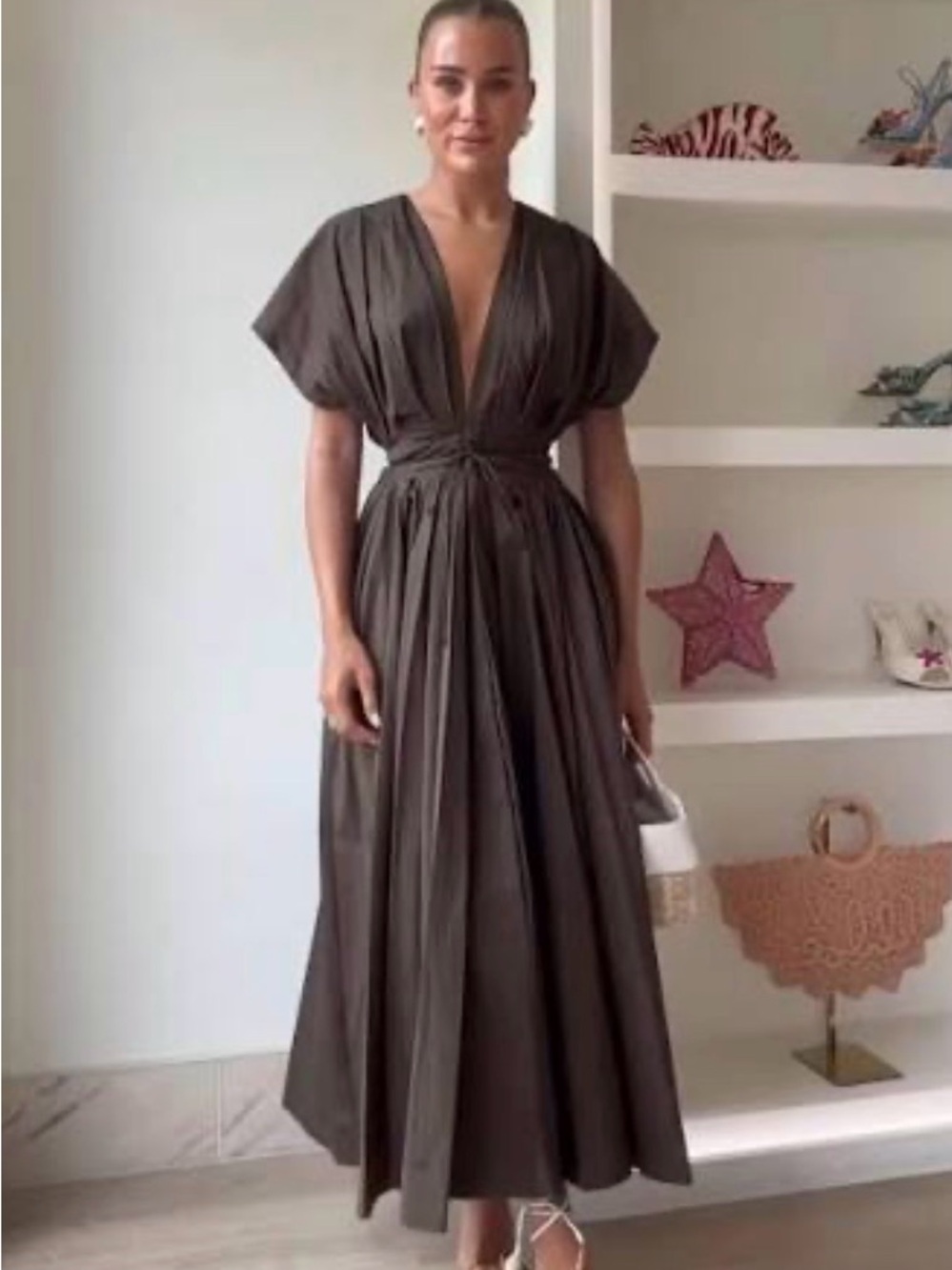 Dark brown V-neck midi dress from Zara